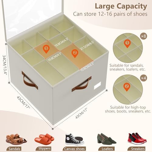 Vincona Shoe Organizer for Closet, 2 Pack Foldable Shoe Storage Bins with Clear Cover & Handles, 16-Compartment Shoe Box for Sneakers, Heels, Boots, Space-Saving Shoe Rack for Entryway, Dorm, RV - Image 2