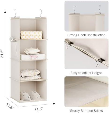 YOUDENOVA Hanging Closet Organizer and Storage for Clothes, 4-Shelf, Beige | Locker/RV/Camper Organizer, Side Pocket, Hanging Shelves for Small Closet, Dorm Room Essentials for Guys, Breathable Fabric - Image 3