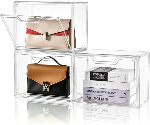 Purse Organizer for Closet,Clear Acrylic Display Case for Handbag Organizer, Purse Storage Box with Magnetic Door, Plastic Storage Bins for Book, Collectibles, Cosmetic (3 Pack) by Stebopum