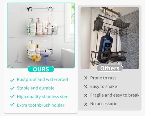 HapiRm Hanging Shower Caddy Organizer - No Drilling Shower Shelves with Hooks and Toothbrush Holder, Rustproof 304 Stainless Steel Bathroom Organizer - Silver - Image 7
