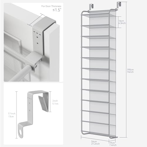 Whitmor 36 Pair Over the Door Shoe Rack,12 Tier Hanging Shoe Organizer with Metal Frame & Mesh Shelves, Heavy Duty Shoe Storage Holder for Door, No Drill Installation, 74" H x 21.7" W x 7.5" D, Grey - Image 2