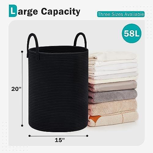 YOUDENOVA Cotton Laundry Hamper, 58L Tall Storage Basket-Black - Image 2