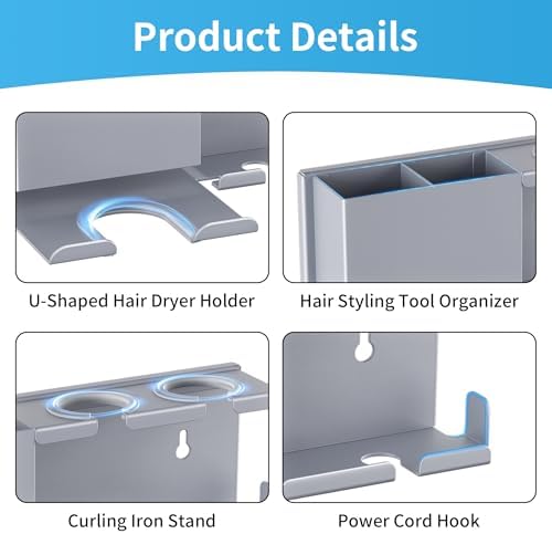 BOIVSHI Blow Dryer Holder, Wall Mount with Adhesive/Screw Mounting, Gray - Image 6