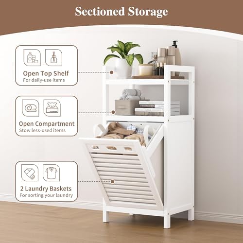 VASMIA Tilt Out Laundry Hamper,Bamboo Laundry Storage Cabinet with Shelf,10 Gal Hidden Laundry Basket Organizer for Bathroom,Laundry Room,White - Image 5