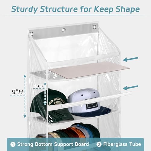 AOODA Clear Over the Door Hat Racks for Baseball Caps, Hold 48 Caps Hat Storage Organizer for Closet Wall, Deep Pockets Hanging Snapback Holder Shelves with 3 Hooks, White - Image 3