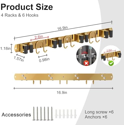 Mop Broom Holder Wall Mount, 2 Packs Gold Stainless Steel Tool Storage Organizer for Kitchen Garden Garage Laundry Room Bathroom and RV with 4 Slots 6 Hooks - Image 2