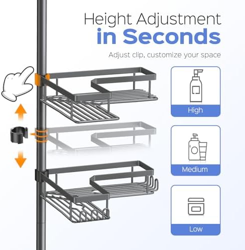 HAMITOR Shower Caddy Tension Pole: 4-Tier Corner Bathroom Organizer Shelf with Soap Holder & Hooks - No-Drill Adjustable Standing Storage Rack for Apartment Renters - 47-123 Inch Black - Image 4