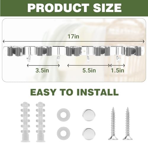 UNIFUN Broom Holder Wall Mount, 5 Racks 4 Hooks, Stainless Steel Organizer - Image 3