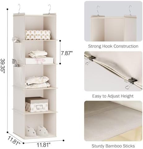 YOUDENOVA Hanging Closet Organizer and Storage for Clothes, 5-Shelf, Beige | Locker/RV/Camper Organizer, 2 Side Pockets, Hanging Shelves for Small Closet, Dorm Room Essentials for Guys, Non-woven Fabric - Image 3