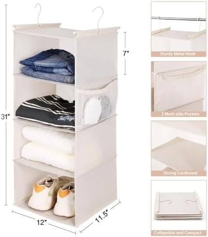 MAX Houser 4 Tier Shelf Hanging Closet Organizer, Space Saver,Closet Hanging Shelf with 2 Sturdy Hooks for Storage, Foldable (Beige) - Image 3