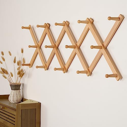 SKOLOO Hat Rack for Wall with 14 Hooks, Solid Wooden, Modern, Expandable Coat Rack Wall Mount for Coats, Hats, Bags, Baseball Caps, Natural Color - Image 3