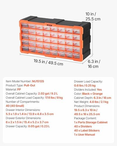 VEVOR 40-Drawer Storage Organizer, Plastic, Drawer Storage Cabinet for Garage Organization, Stackable Small Parts Organizer, Wall-Mounted Toolbox, for Hardware, Beads, Screws, Crafts, Building Bricks - Image 3