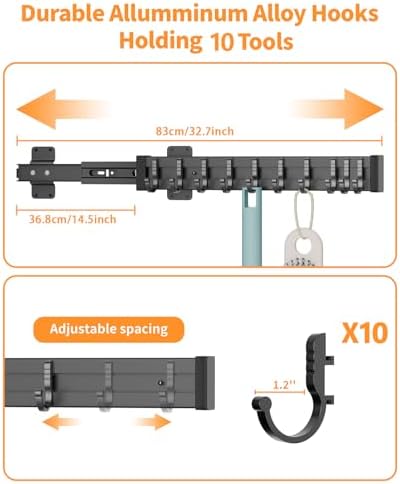 Pull Out Broom Holder 18" With 10 Adjustable Row Sliding Hooks, Multifunctional Slide Broom And Mop Storage/Organizer Garage Organization Hooks, for Closet Laundry Garage Kitchen - Image 4