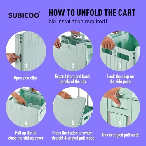 Folding Utility Cart Portable Rolling Crate Handcart Shopping Trolley Collapsible Tool Box, with Lid, on 4 Rotate Wheels, for Grocery, Shopping, Office, Camp, Teacher (Green) - Image 5