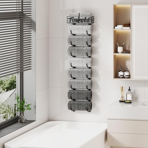 SWTYMIKI Hanging Towel Racks for Bathroom - 9 Tier Over the Door & Wall Mounted Bath Rolled Towel Storage Organizer Holder for Small Bathroom, RV, Camper, Black (Patented) - Image 5