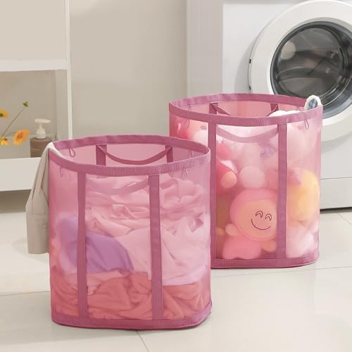 Mesh Bag with Handles, Collapsible Laundry Basket, Foldable Laundry Bag, Breathable Folding Beach Bag,Space-saving Travel Tote Bags (1, Pink) - Image 3