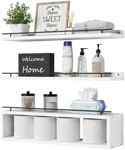 WOPITUES Floating Shelves for Wall 24 inch with Cube Shelf, Wall Shelves with Metal Rail for Bathroom Decor, Bathroom Organizers and Storage, Over Toilet Shelves, Toilet Paper-White by WOPITUESOfficial