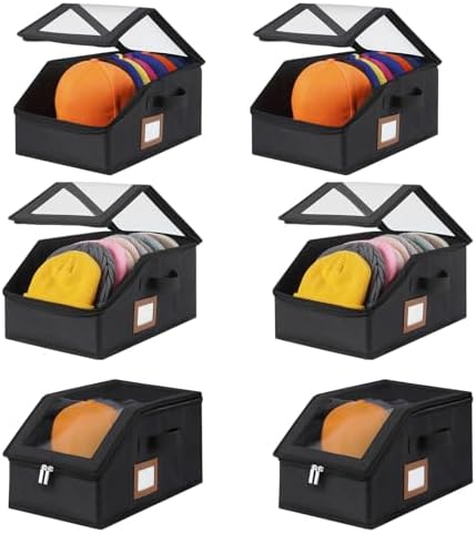 6 Pack Hat Storage for Baseball Caps-Holds Up to 56 Caps, Hat Organizer for Closet Stackable Hat Box with Cardboard, Dust-proof Beanie organizer with 2 Handles for Home Travel (Black, 6Pack-Small) by RZMAYIS
