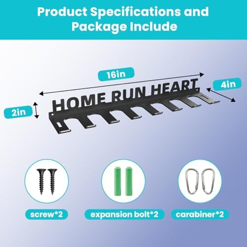 Baseball Bat Storage Rack Wall Mount Softball Holds 14 Bats Metal Organizer Heavy Duty Steel Sports Display Holder Home and Field Equipment Hanger Hooks Hardware Included Home Run - Image 2