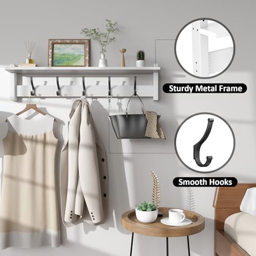 Optish Coat Rack Wall Mount with Shelf, 29 Inch Coat Hanger Walls Mounted, Hat Rack for Walls, Shelf with 5 Coat Hooks, Wall Hanger for Entryway (White) - Image 3