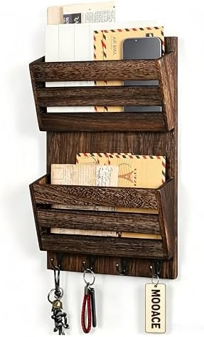 MOOACE Mail Organizer Wall Mount, Wood Mail and Key Holder with Hooks by MOOACE