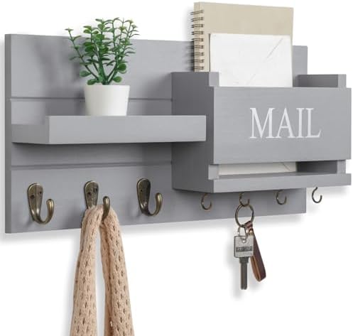 Lwenki Mail Organizer for Wall Mount – Key Holder with Shelf Includes Letter Holder and Hooks for Hallway Farmhouse Decor – Rustic Wood with Flush Mounting Hardware (16.5” x 9.1” x 3.4”) (Gray) by Lwenki
