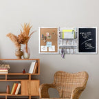 MyGift 3 Panel Wall Mounted Entryway Bulletin Board Combo Set with Shabby White Washed Solid Wood Frame, Chalkboard, Cork Board, Black Metal Mail Basket, and Hanging Rail - Image 3