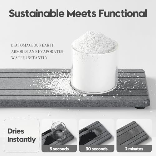 Razborci 2PCS Diatomite Quick Stone Drying Tray Mat For Bathroom & Kitchen Counter, Instant Dry Water Absorbent Drink Bar Coaster,Vanity Sink Caddy Organizer,Dish Soap Sponge Holder, Dark Gray,9"x3.5" - Image 6