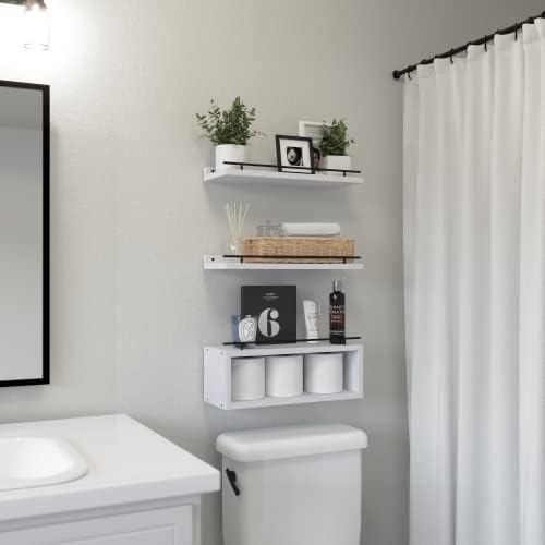 WOPITUES Floating Shelves for Wall with Cube Shelf, Wall Shelves with Metal Rail for Decor, Bathroom Organizers and Storage, Over Toilet Shelves for Bathroom, Toilet Paper-White - Image 2