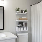 WOPITUES Floating Shelves for Wall with Cube Shelf, Wall Shelves with Metal Rail for Decor, Bathroom Organizers and Storage, Over Toilet Shelves for Bathroom, Toilet Paper-White - Image 2