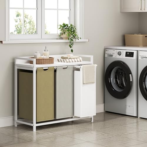 Herture Laundry Hampers with Shelf, Laundry Basket 3 Section, Laundry Sorter with Pull-Out Removable Large 3 Color Bags and Movable Wheels, Metal Frame, 3 x 15.87 Gallons (60L), White PF04XLE - Image 2