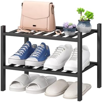viewcare Black Small Shoe Rack for Entryway,2-Tier Bamboo Shoe Organizer for Hallway Closet, Free Standing Shoe Racks for Indoor Outdoor by VIEWCARE