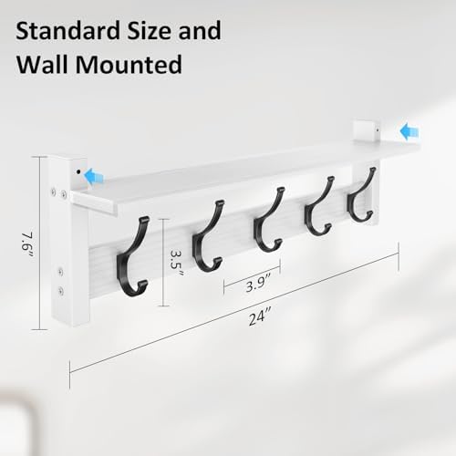 Optish Coat Rack Wall Mount with Shelf, 24 Inch Coat Hanger Walls Mounted, Hat Rack for Walls, Shelf with 5 Coat Hooks, Wall Hanger for Entryway (White) - Image 7