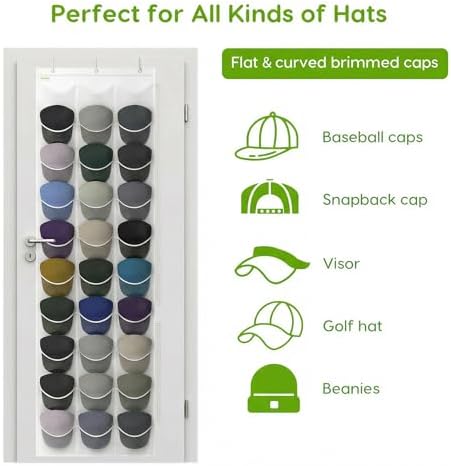Baseball Hat Rack, 24 Pocket Over-The-Door Hat Organizer with Clear Deep Pockets to Display Baseball Caps Collection, Complete with 3 Over Door Hooks (White, 30 Pockets) - Image 4