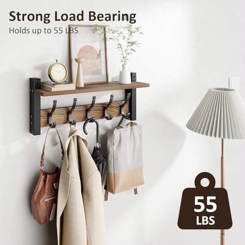 Optish Coat Rack Wall Mount with Shelf, 17.1 Inch Coat Hanger, Entryway Wall Key Holder, Hat Rack for Walls, Shelf with 5 Coat Hooks, Purse Hanger for Wall (Brown) - Image 3
