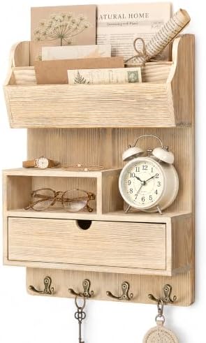 Rebee Vision Pine Wood Key Holder Wall Mount with Drawer, NaturalWood by REBEEVISION
