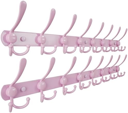 Dseap Coat Rack Wall Mount - 38” Long 10-Tri-Hooks Heavy Duty Coat Hanger Rail Wall Hooks for Hanging Coats Hats Clothing Clothes Purse Mudroom Entryway, Pink, Pack of 2 by Dseap