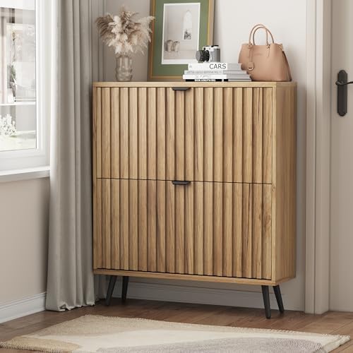 Shoe Storage Cabinet, Fluted Shoe Cabinet Storage for Entryway, Hidden Shoe Cabinet with Metal Legs,Shoe Organizer Cabinet with Flip Doors, Slim Entryway Shoe Storage Cabinet, Natural Wood-31.5in by SmartFENDEE