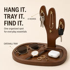 Acacia Wood Cactus Key Holder Tray with 4 Hooks, Entryway Organizer - Image 3