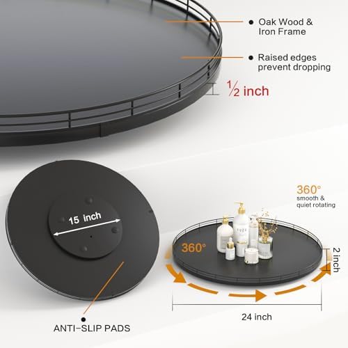 Oroyutor 24-Inch Extra Large Oak Lazy Susan with Black Metal Rail - Image 2