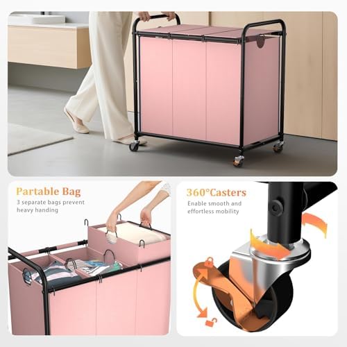 180L Laundry Sorter 3 Section, Rolling Laundry Basket with Wheels and Lid - Image 5