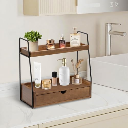 2-Tier Bathroom Countertop Organizer with Drawer, Wood Vanity Shelf Brown - Image 3