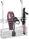 mDesign Metal Over Door Bathroom Hair Care & Styling Tool Organizer Storage Basket for Hair Dryer, Flat Irons, Curling Wands, Hair Straighteners - Hang Inside/Outside Cabinet Doors - Chrome by mDesign