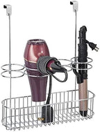 mDesign Metal Over Door Bathroom Hair Care & Styling Tool Organizer Storage Basket for Hair Dryer, Flat Irons, Curling Wands, Hair Straighteners - Hang Inside/Outside Cabinet Doors - Chrome by mDesign