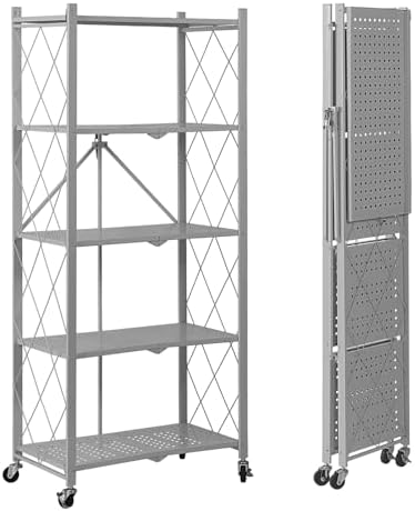 BRIAN & DANY 5-Tier Foldable Storage Shelves with Wheels, Folding Metal Rack Shelving Unit, Heavy Duty No Assembly Organizer Shelf for Garage, Kitchen, Basement, Pantry, Gray by BRIANDANY