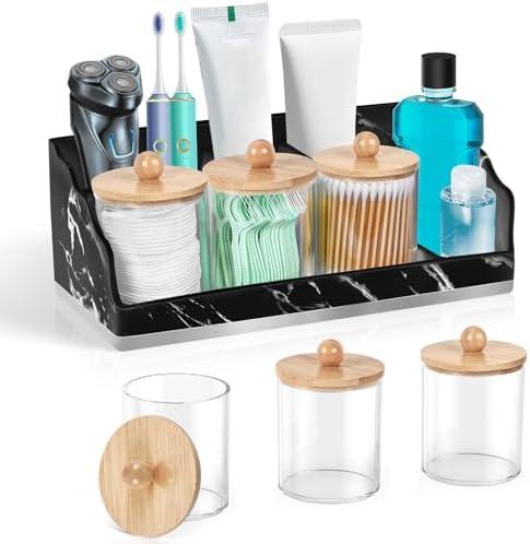 TuCao Marble Bathroom Countertop Organizer, Toothbrush Holders for Bathroom with 3PCS Qtip Holder Dispenser and Toothpaste Holder Drainage for Bathroom Accessories Organization Counter Vanity Storage by TuCao