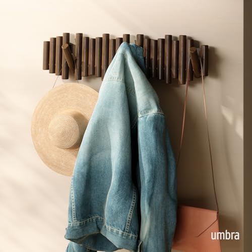 Umbra Picket Coat Rack, Wall Mount 8 Flip-Down Coat Hooks, Walnut - Image 2