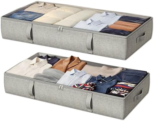 2-Pack Under Bed Storage Containers, 6 Inches Tall Clothes Storage, Grey | High Side Collapsible Underbed Organizer Bin with Sturdy Sidewalls/Bottom, Cotton Linen Bins, For Seasonal Clothes & Bedding by Makestorageclosetolife