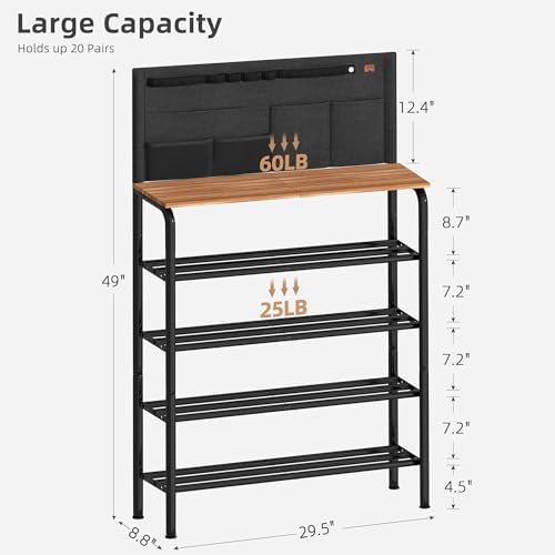 STORAGE MANIAC 5 Tier Shoe Rack for Entryway, Metal Shoe Shelf with Storage Pocket and MDF Top Board, 16-20 Pairs Free Standing Shoes Organizer for Closet, Black - Image 3