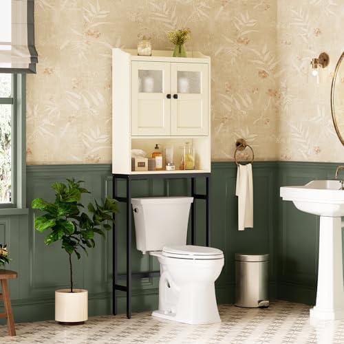 Over The Toilet Storage Cabinet, Above Toilet Bathroom Storage Cabinet with Double Doors and Soft Hinges Over Toilet Storage Shelf Over Toilet Bathroom Organizer (Cream White) - Image 4